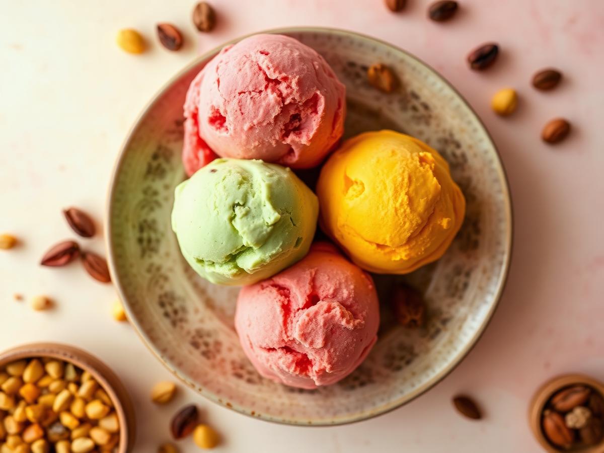 Three colorful ice cream scoops